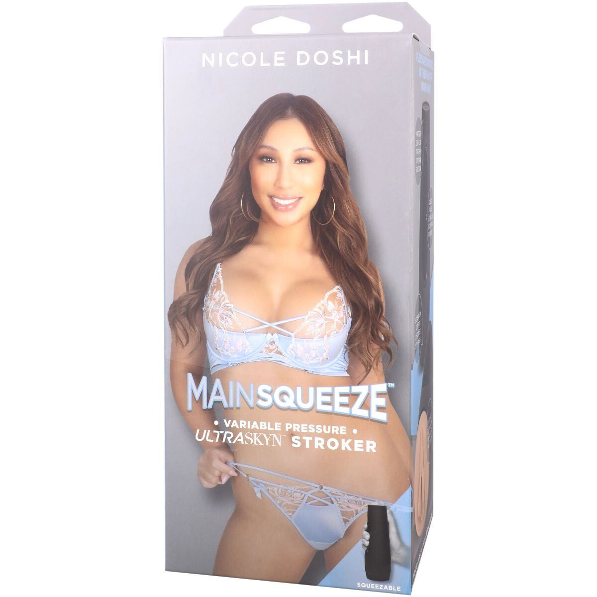 Product packaging for 'Mainsqueeze' with a model wearing lingerie on a white background