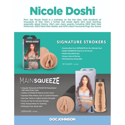 Advertisement for Nicole Doshi's signature strokers product with text and images of the product packaging.