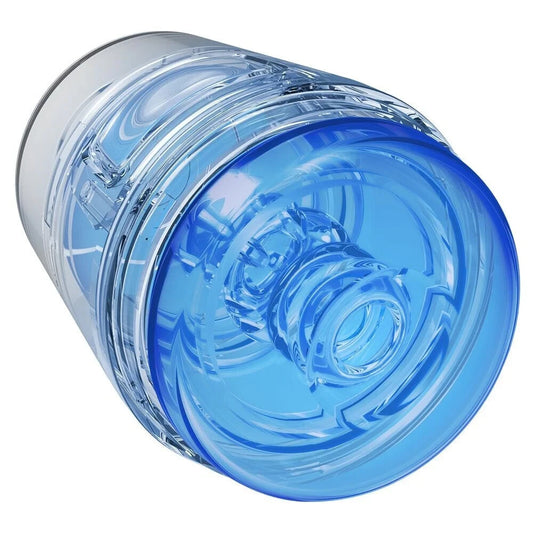 Blue cylindrical stroker with a clear case on a white background