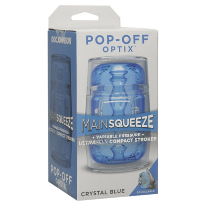 Blue compact stroker in packaging with 'Pop-Off Optix' branding on a white background