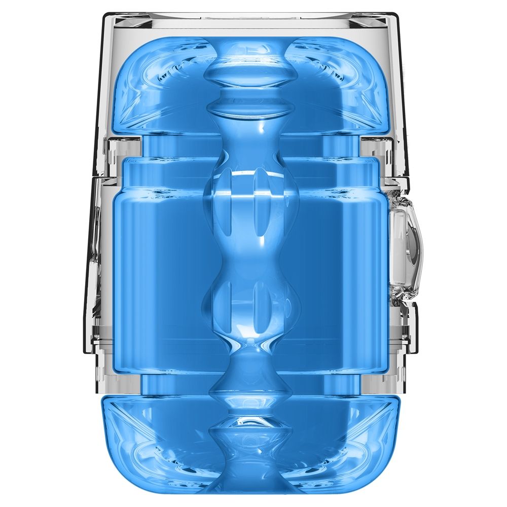 Blue and clear plastic stroker with a unique design on a white background