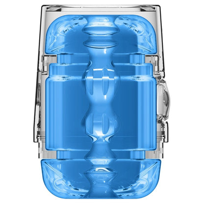 Blue and clear plastic stroker with a unique design on a white background