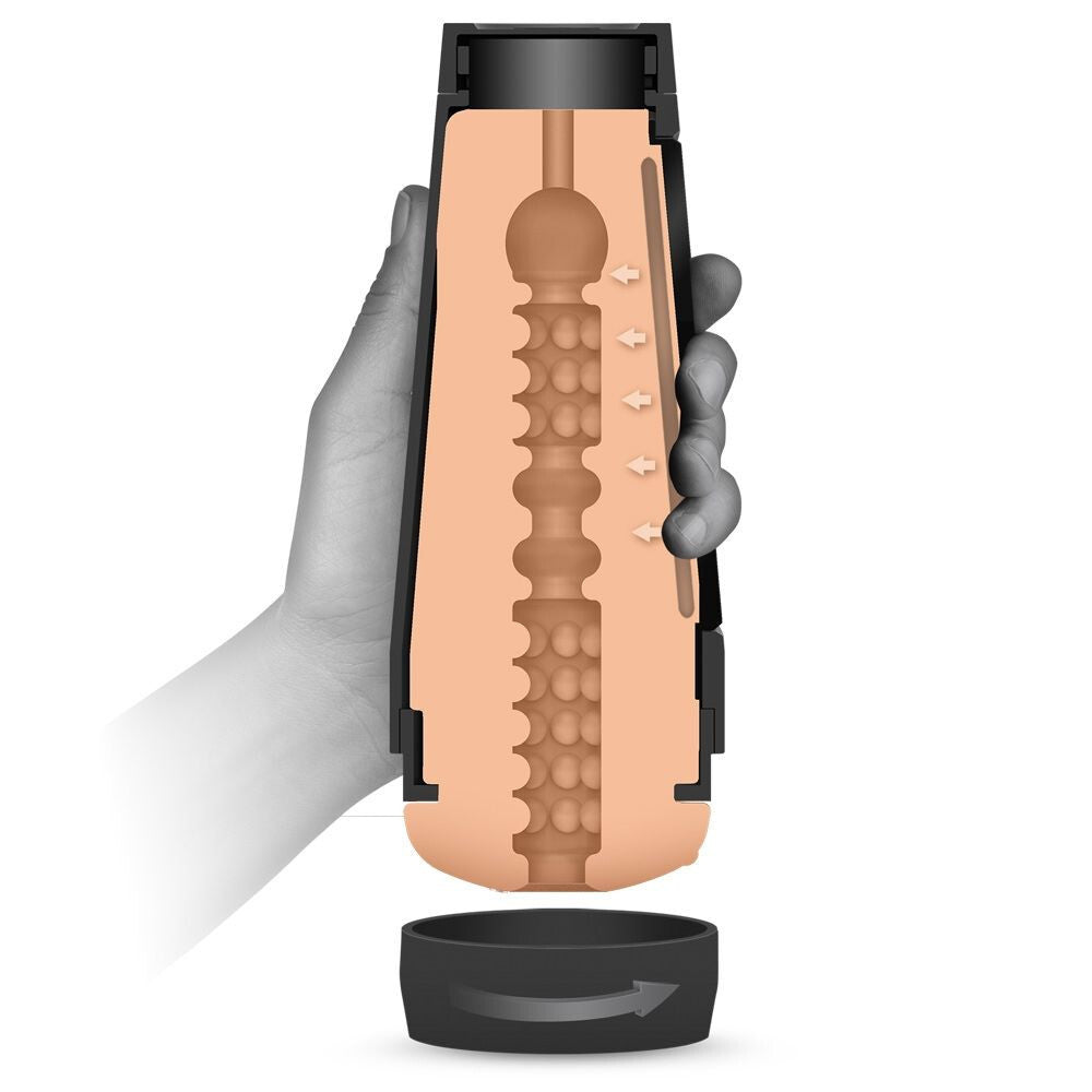 Hand holding a masturbator device with black accents on a white background