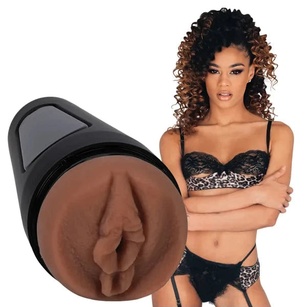 Woman in black lingerie with a close-up of a masturbator on a white background
