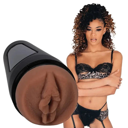 Woman in black lingerie with a close-up of a masturbator on a white background