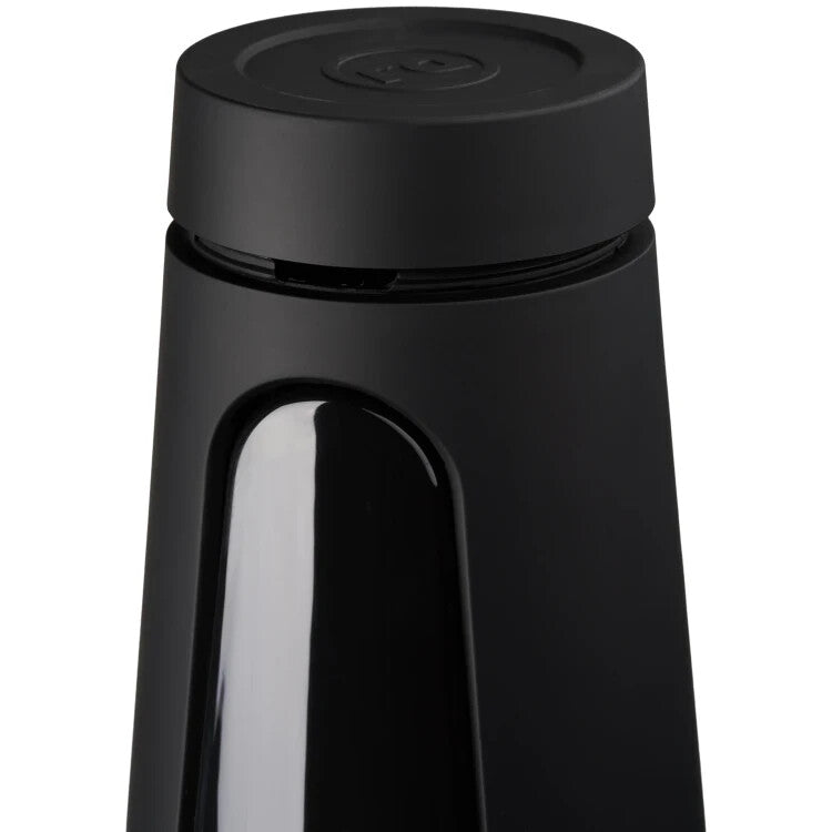 Black sex toy case with a lid on a white background