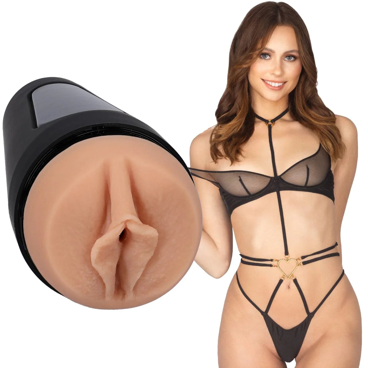 Woman in black lingerie with a close-up of a realistic silicone pussy on a white background