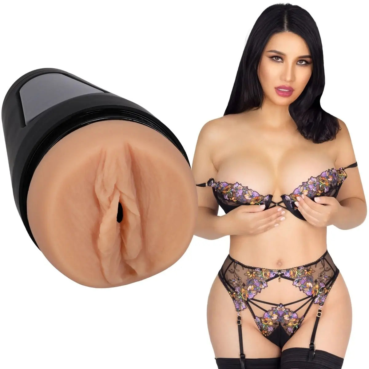 Woman in lingerie with close-up of a realistic silicone vagina on a white background