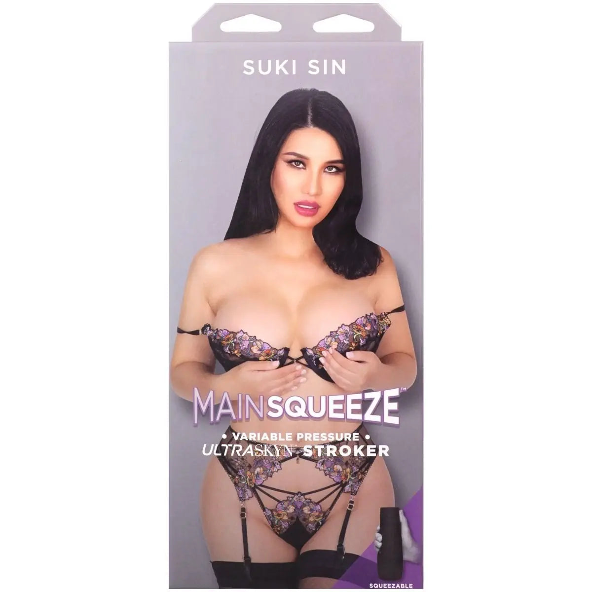 Product packaging for 'Suki Sin Main squeeze' with a model holding the product.
