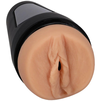 Realistic silicone male masturbator with black plastic top on a white background