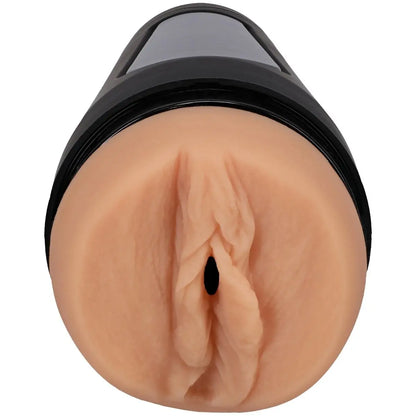 Realistic silicone model of a female genitalia with black casing on a white background