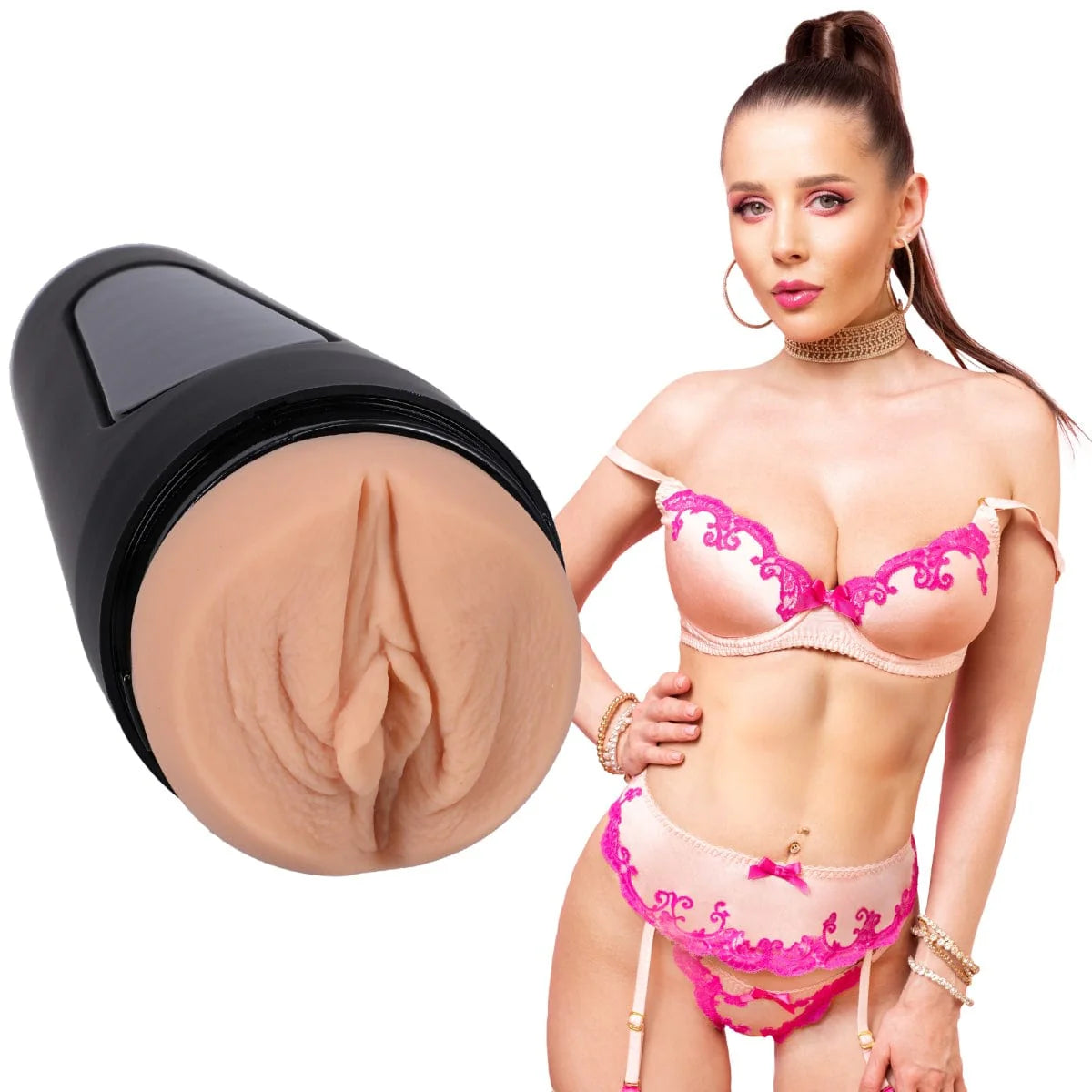 Woman wearing pink lingerie with a close-up of a beige masturbator.