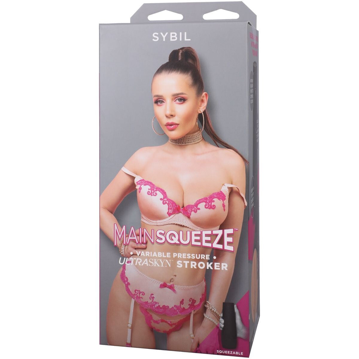 Product packaging for SYBIL Mainsqueeze with a model wearing lingerie.