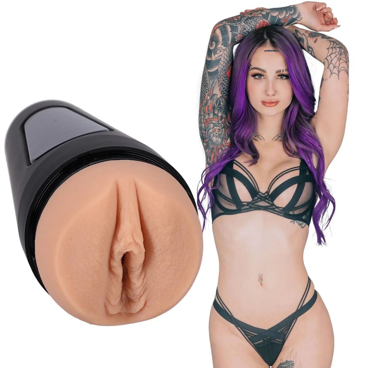 Woman with purple hair and tattoos in black lingerie next to a close-up of beige masturbator.