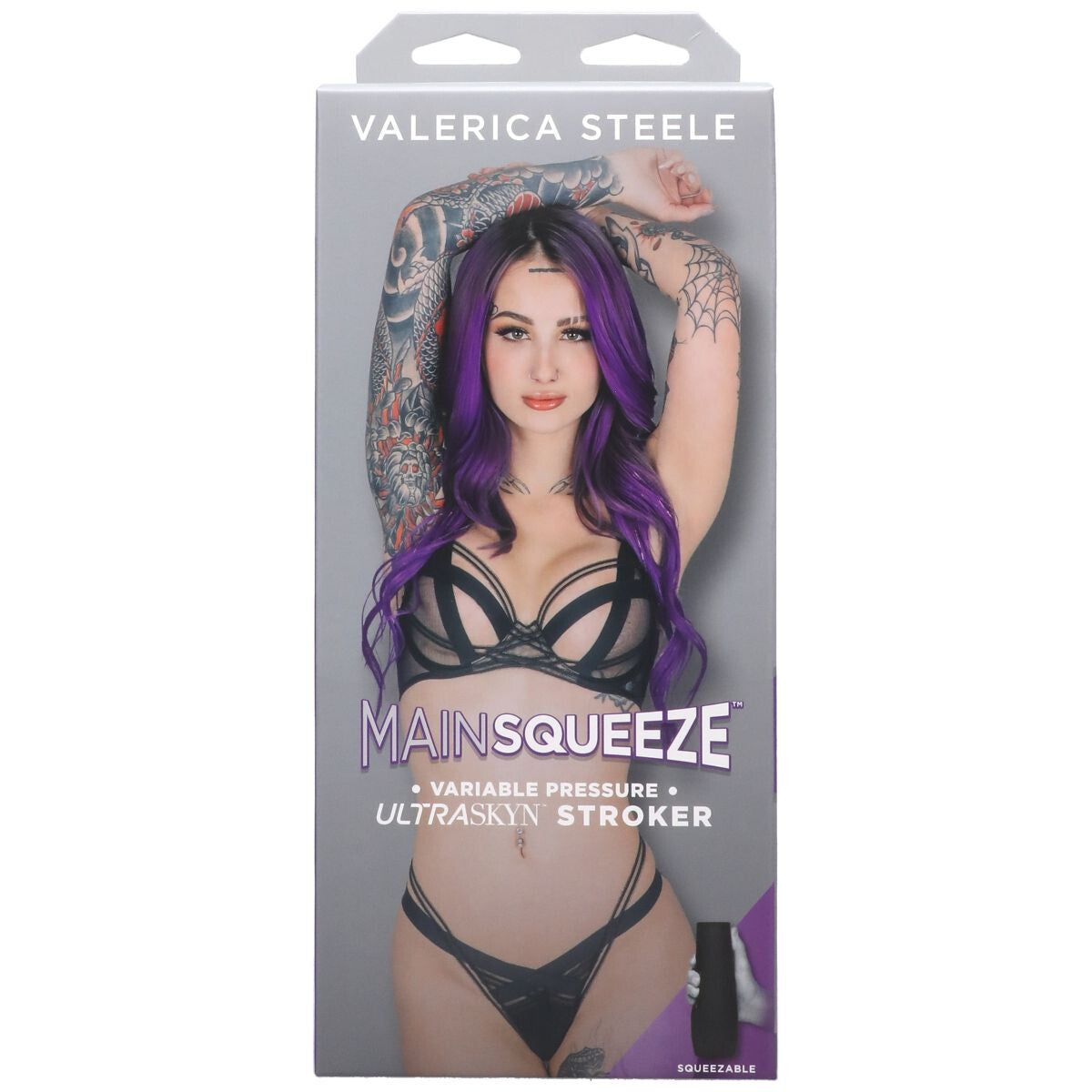 Product packaging for 'Mainsqueeze' with a model featuring purple hair and tattoos on a gray background.