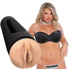 Woman wearing a black bra and panties with a close-up of a black and beige masturbator.
