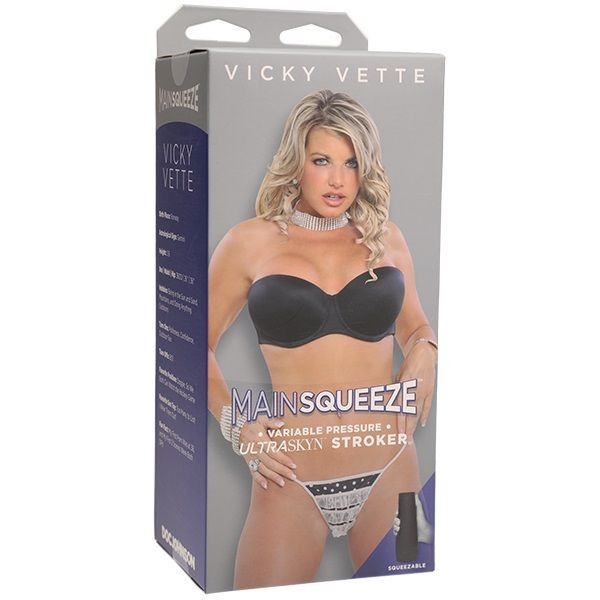 Vicky Vette Mainsqueeze product packaging with a model wearing a black bra and stockings.
