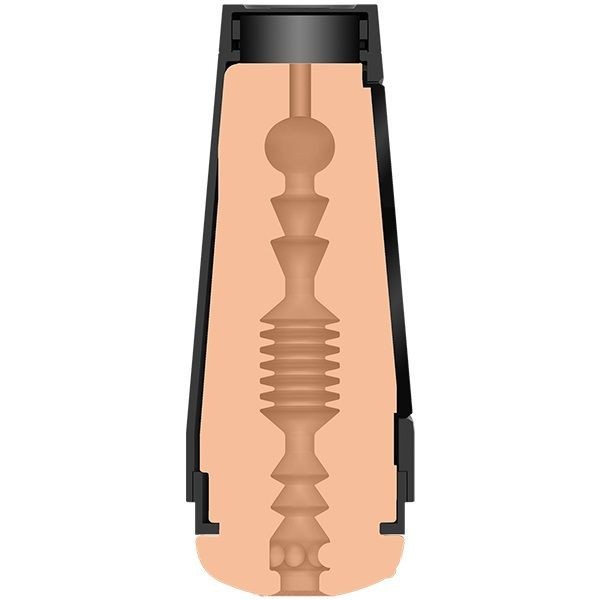 Beige and black device with a textured masturbator on a white background