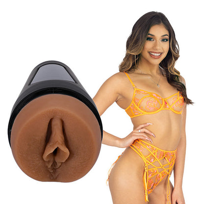 Woman in orange lingerie with a close-up of a brown masturbator on a white background