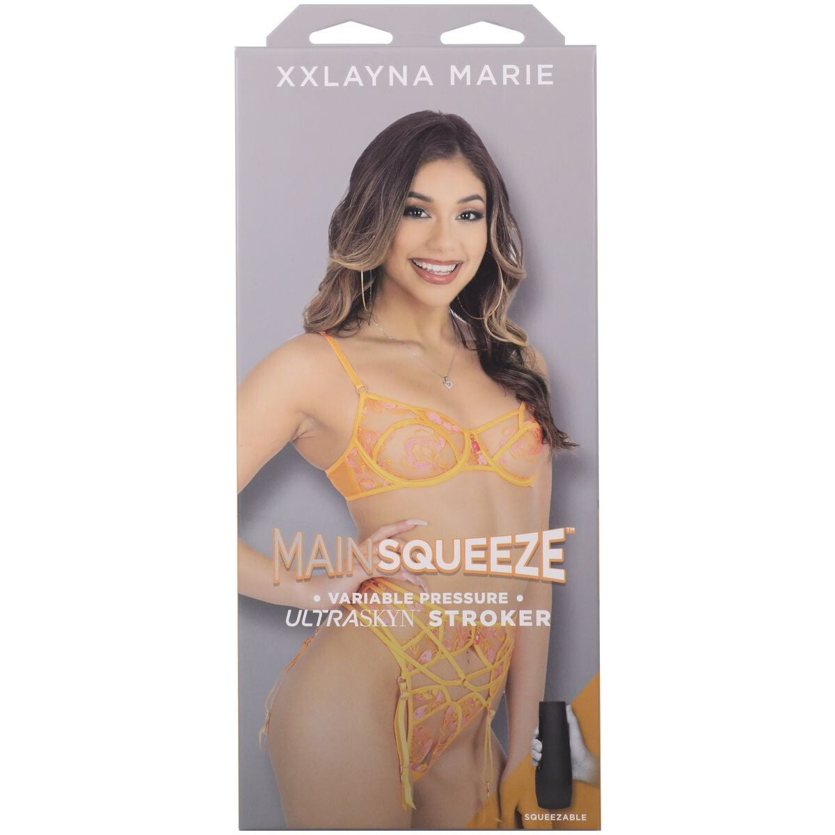 Product packaging for 'Main Squeeze' with a model wearing a yellow strappy garment, featuring the brand 'XXLAYNA MARIE'.