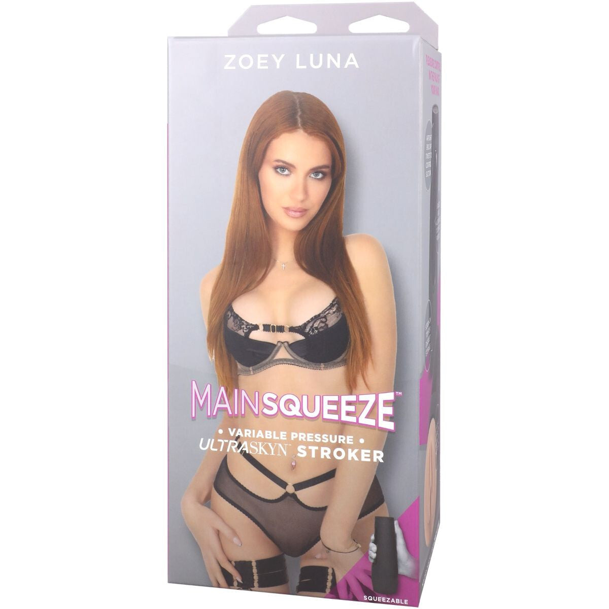 Zoey Luna Mainsqueeze product packaging with a model wearing lingerie.