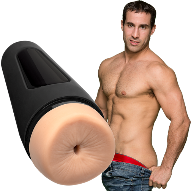 Black and beige masturbator with a man in red underwear and jeans on a white background