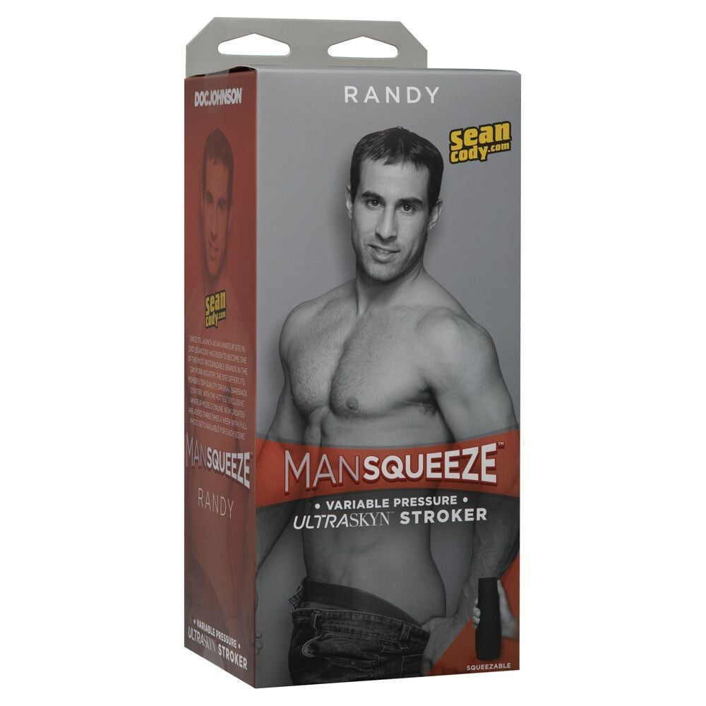 Product packaging for 'ManSqueeze Randy' with a man on the box against a white background