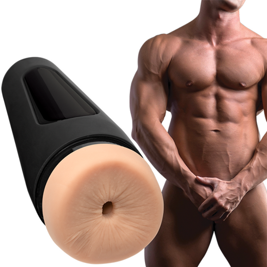 Male masturbator shaped like a male anus with a muscular man in the background