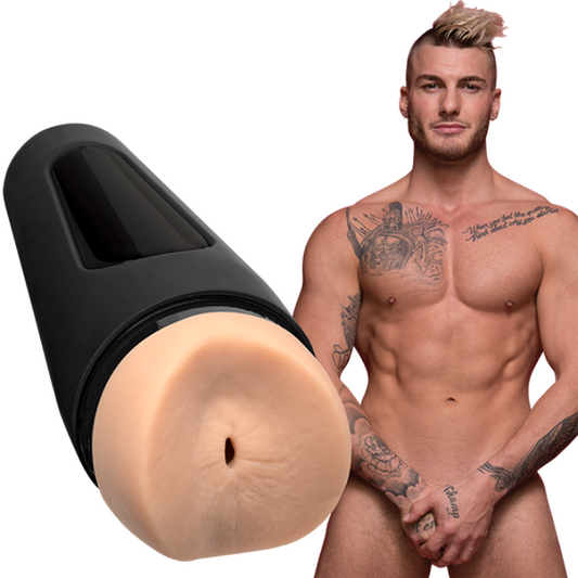 Man holding his genitals next to a masturbator against a white background