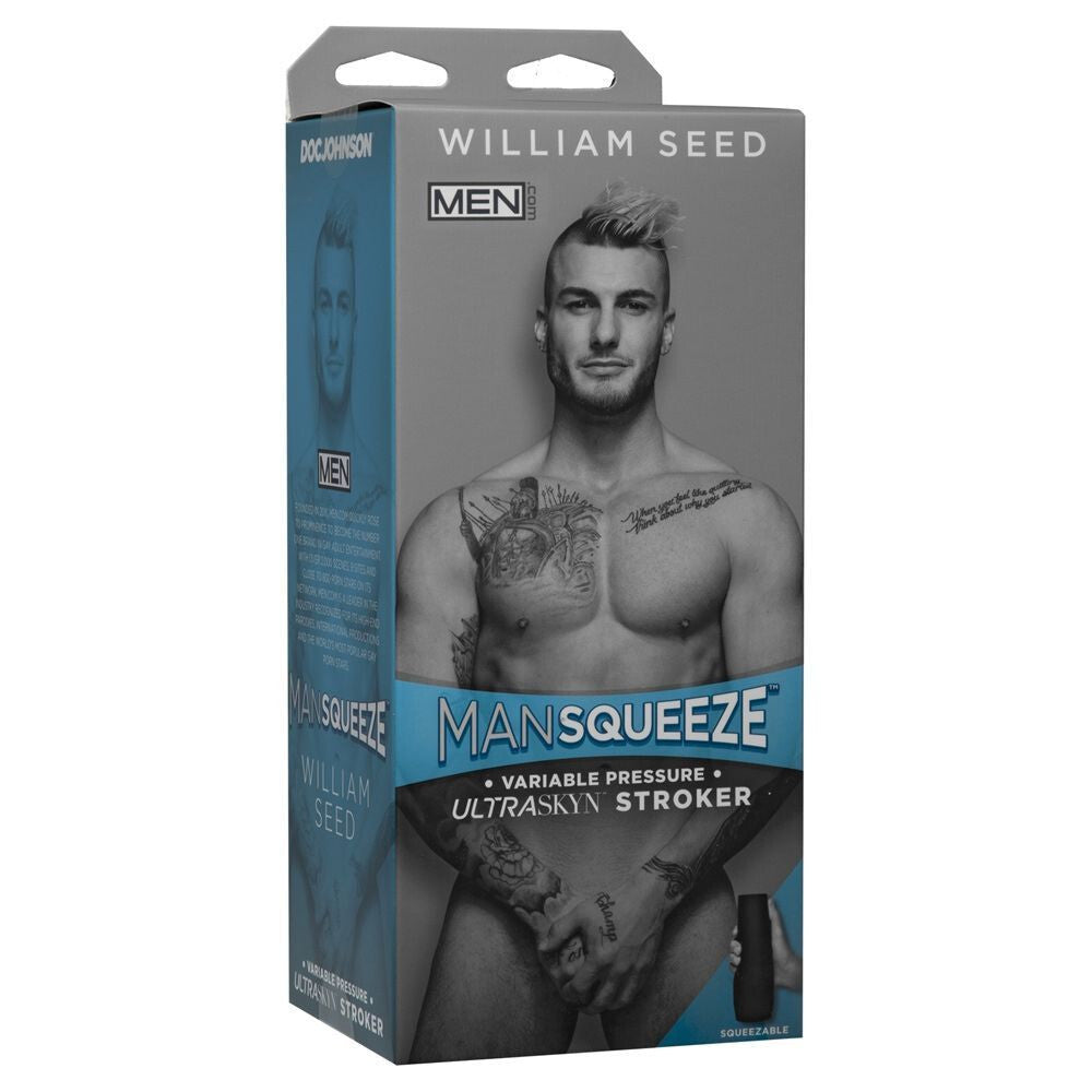 Product packaging for 'ManSqueeze' by William Seed with a model on the box.