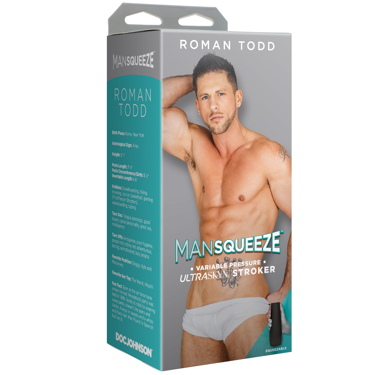 Mansqueeze product packaging with a model on a white background