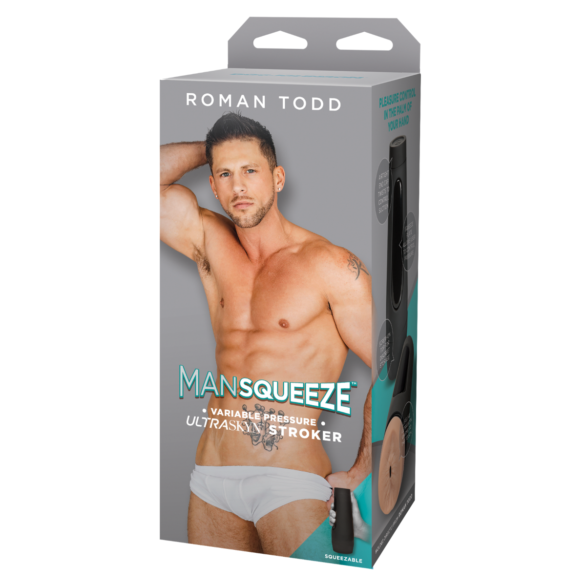 Product packaging for 'Mansqueeze' with a model holding the product on a white background