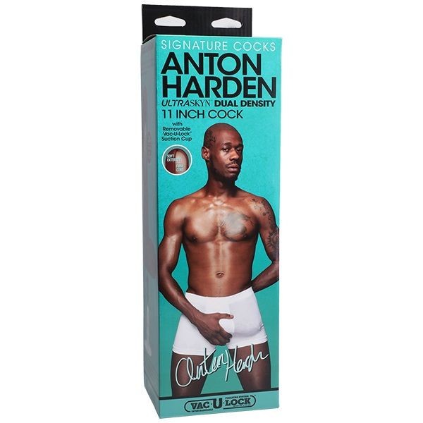 Product packaging for Anton Harden ultraskyn dual density 11 inch cock with a man wearing underwear on a white background.