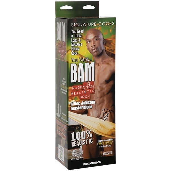 Product packaging for a 13-inch realistic cock with a model on the box.