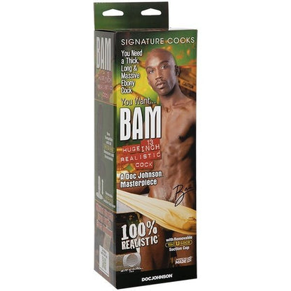 Product packaging for a 13-inch realistic cock with a model on the box.