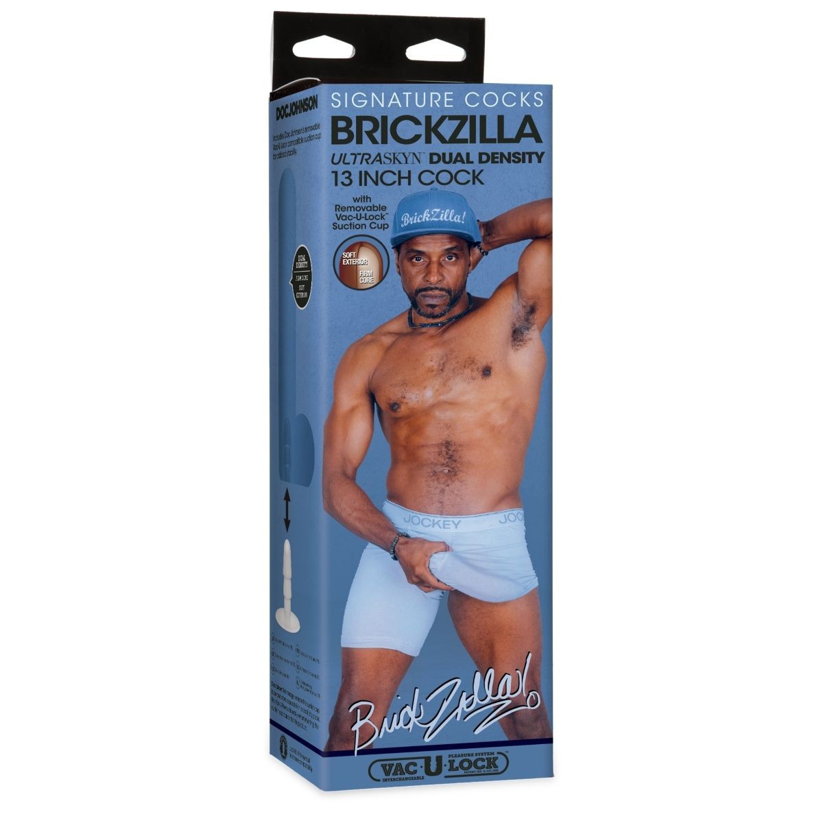 Product packaging for 'Brickzilla' with a model holding a product, on a white background