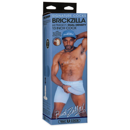 Product packaging for 'Brickzilla' with a model holding a product, on a white background