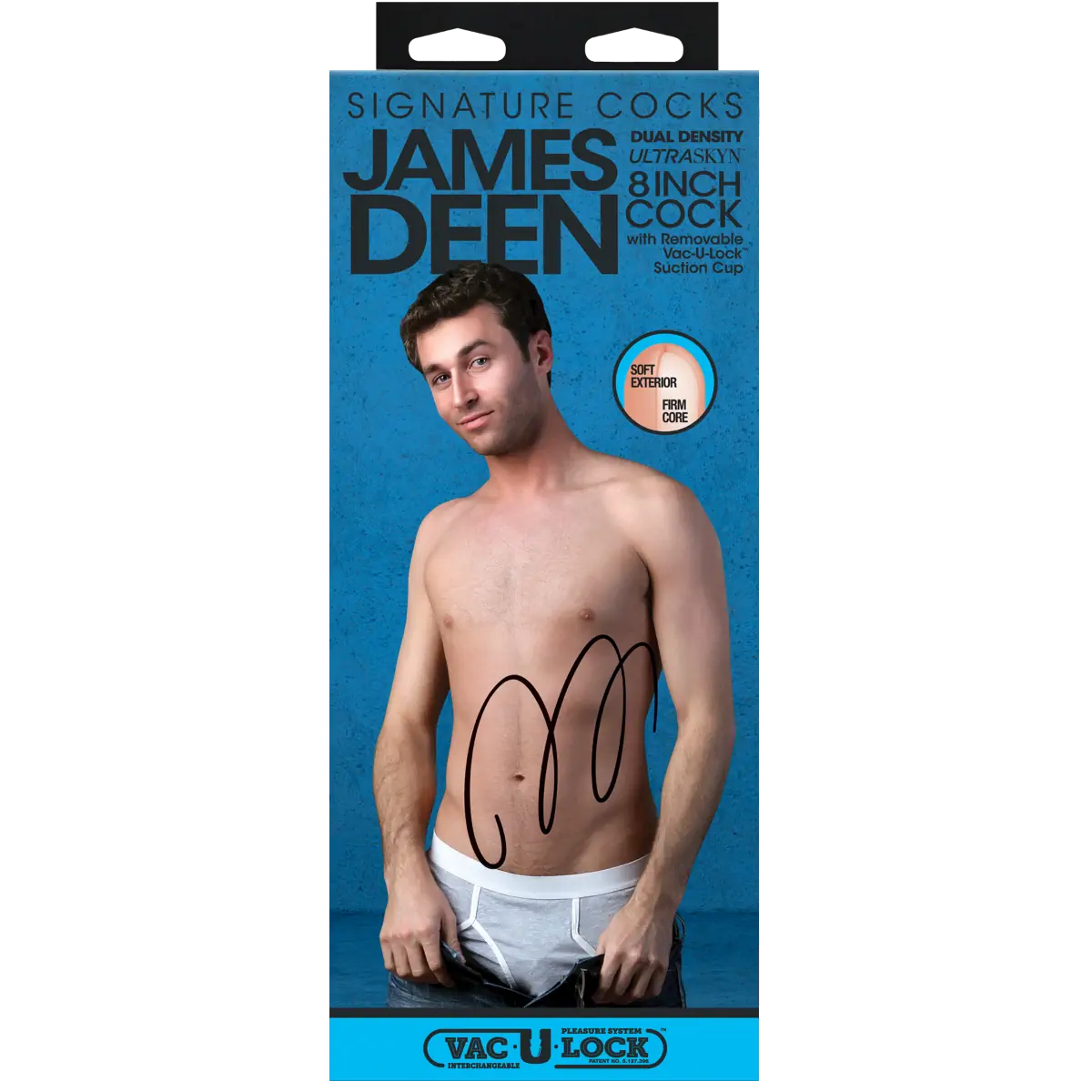 Product packaging for James Deen Signature Cocks with a man on a blue background