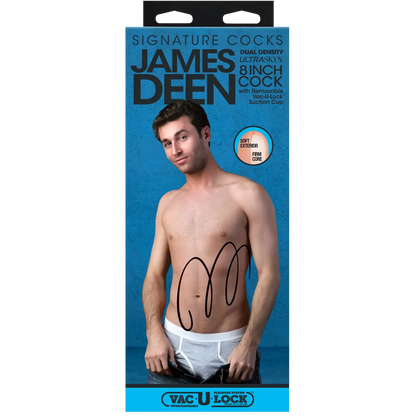 Product packaging for James Deen Signature Cocks with a man on a blue background