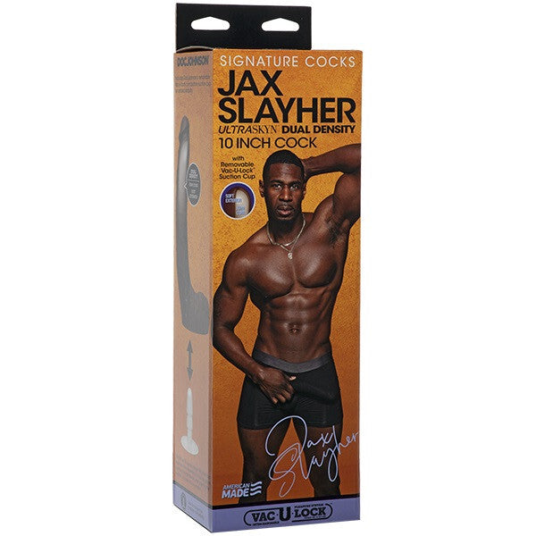Product packaging for Jax Slayher 10 inch cock with a model on an orange background