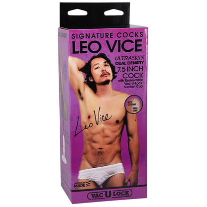 Leo Vice product packaging with a man's torso on a purple background