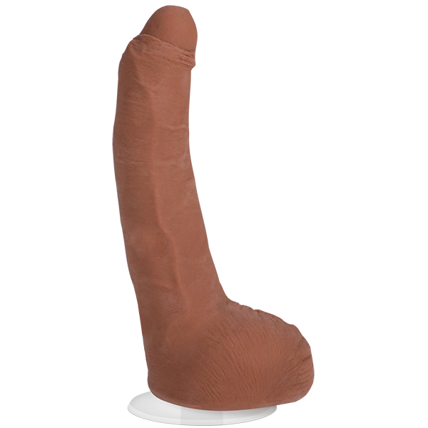 Brown silicone realistic dildo on a white background