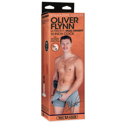 Product packaging for Oliver Flynn ultra-skinny dual density 10 inch cock with a model on the box.