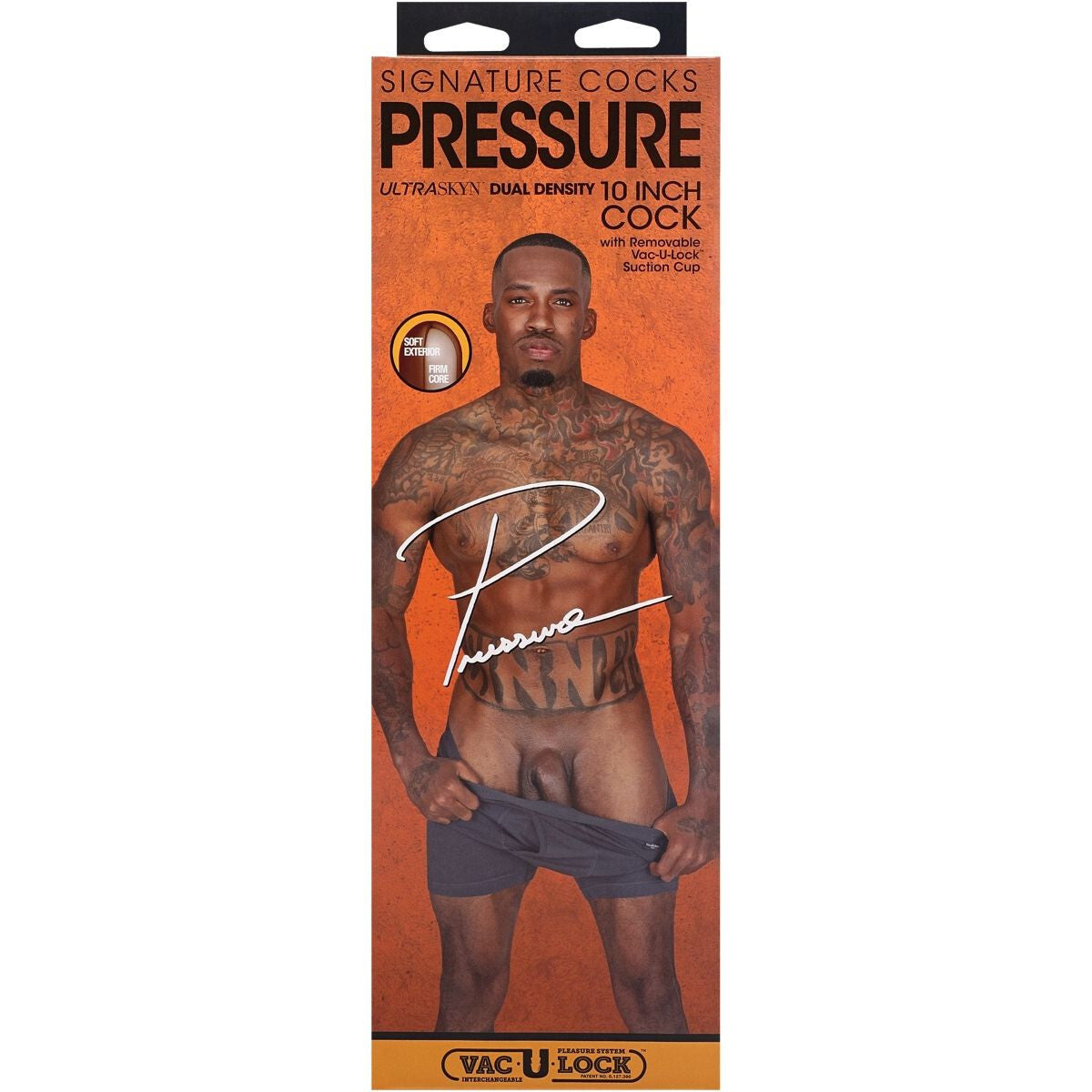 Product packaging for 'Pressure' 10-inch cock with a model on an orange background