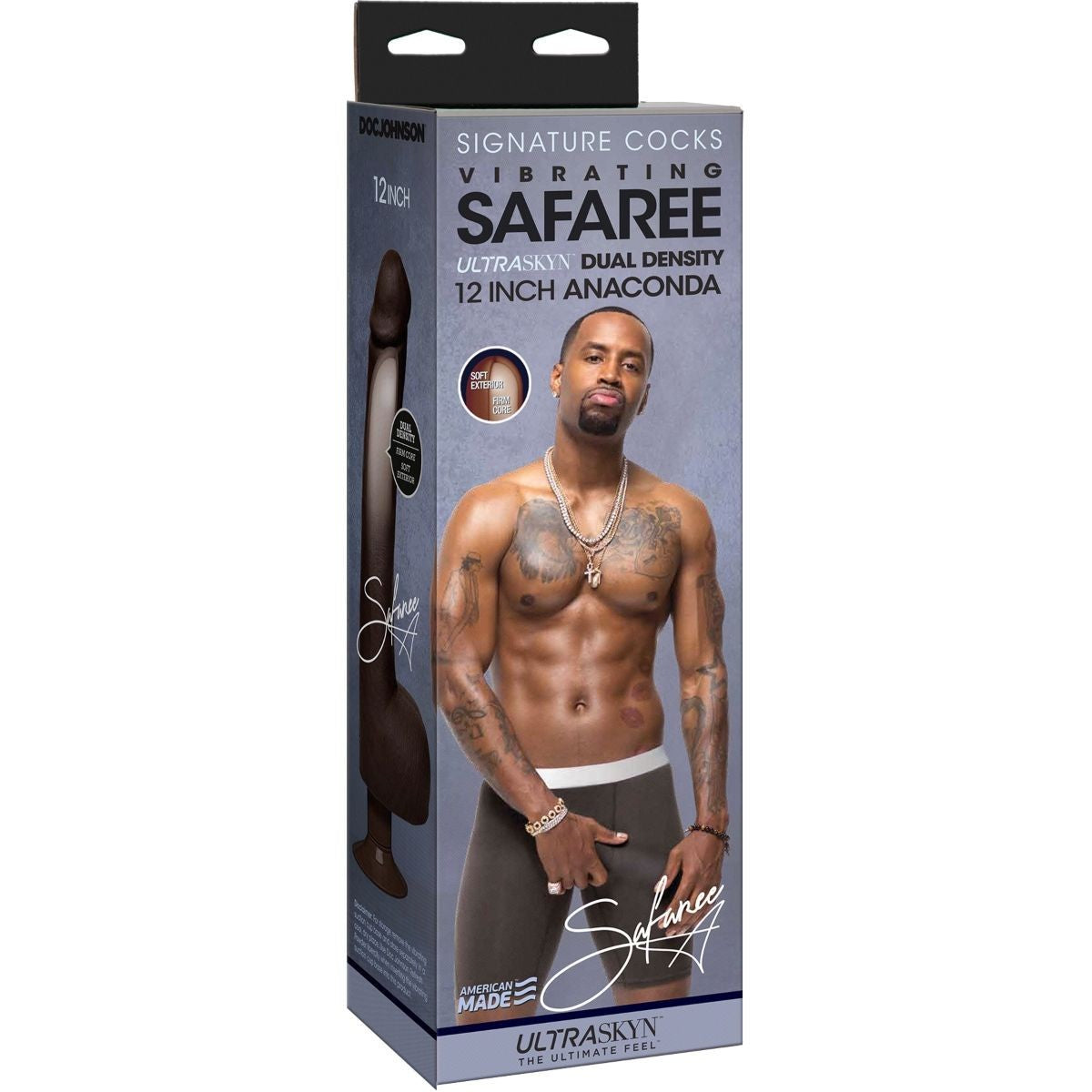 Product packaging for a 12-inch anaconda with a model on the box, featuring the brand 'Safaree'.