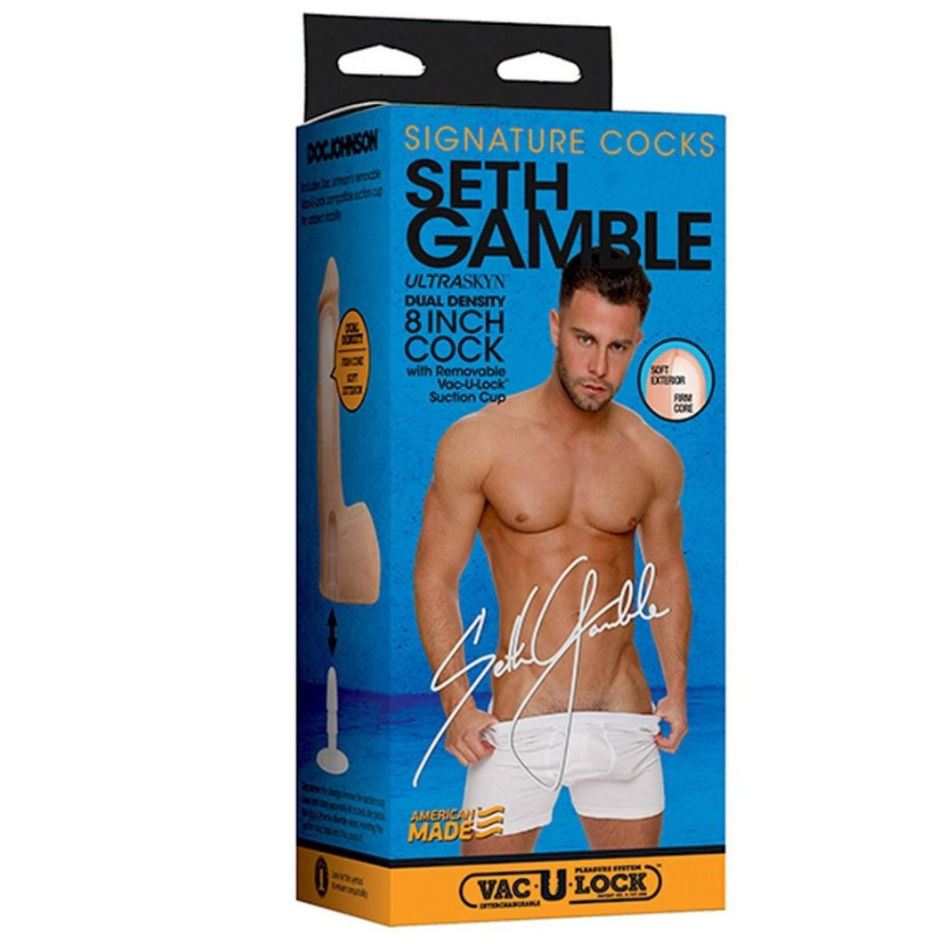 Product packaging for Seth Gamble signature product on a blue background