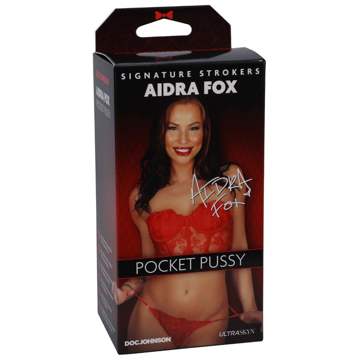 Product packaging for 'Pocket Pussy' by Aidra Fox with a model's face on the box.