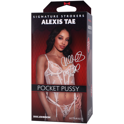 Product packaging for 'Pocket Pussy' by Alexis Tae with a model wearing lingerie on a white background.