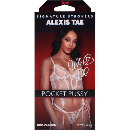 Product packaging for 'Pocket Pussy' by Alexis Tae with a model on a red background.