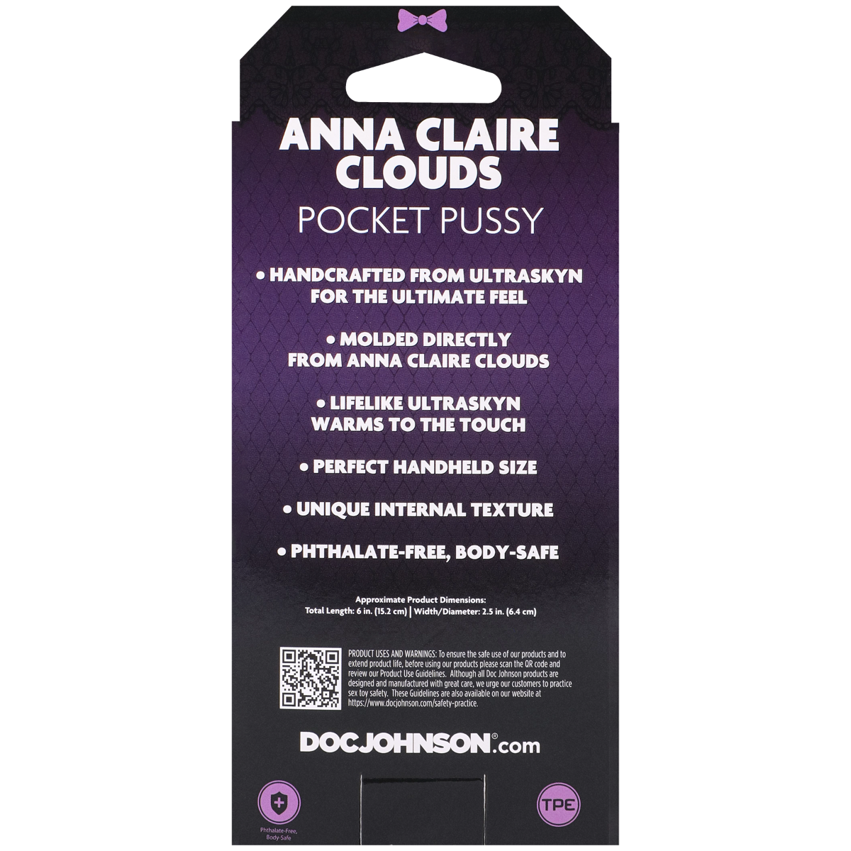 Product packaging for 'Anna Claire Clouds Pocket Pussy' with branding and product details on a purple background.